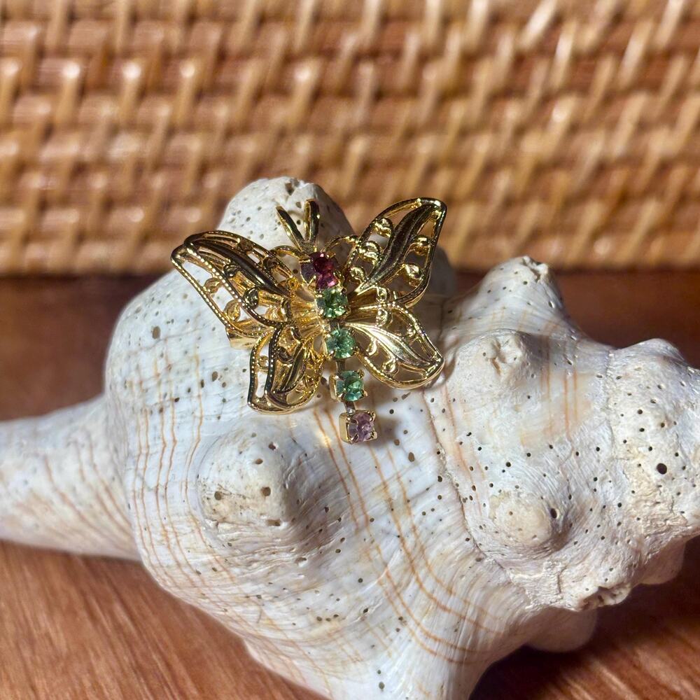 Vintage Gold Tone Butterfly Brooch Pendant With Multicolor Rhinestones